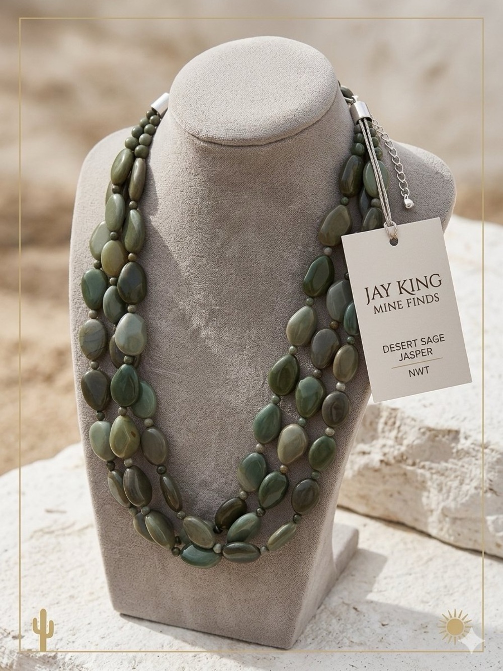 Jay King Mine Finds Desert Sage Jasper Triple Strand Olive Green Stone Necklace